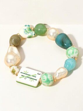 Mahjong Tile Bracelet Green Chunky Beaded Pearl Heart Stretch Bracelet NWT